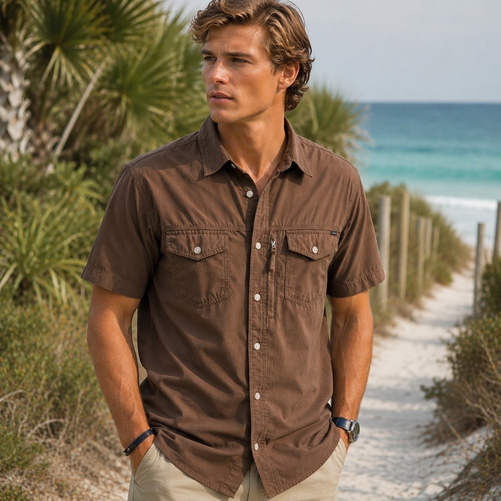 Gramicci Tech Performance Vented Shirt M Brown Stretch Hiking Gorpcore‎ Camping